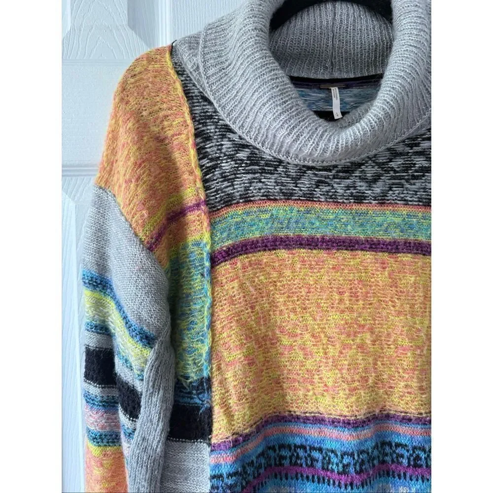 Free People Large This & That Stripe Mix Print Knit Turtleneck Sweater